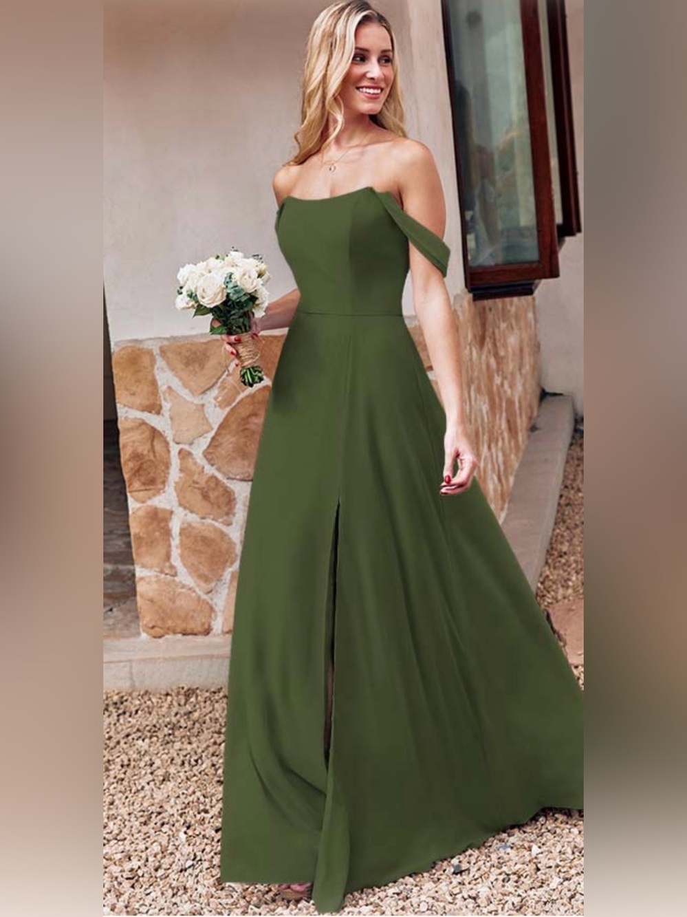 Olive One-Shoulder A-Line Evening Gown